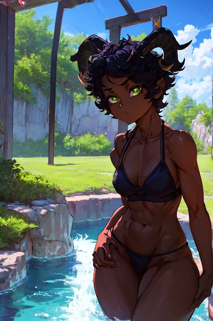 (Masterpiece) (High Detail) (High Res) (Black Skin) (Anime) Looking from above, tall, adult, black humanoid FutEred, dark skin, soft detailed face, detailed green eyes, short scruffy black hair, goat ears, short symmetrical black goat horns, looking smug at the camera, toned body, small to average breasts, wearing a sexy swimsuit