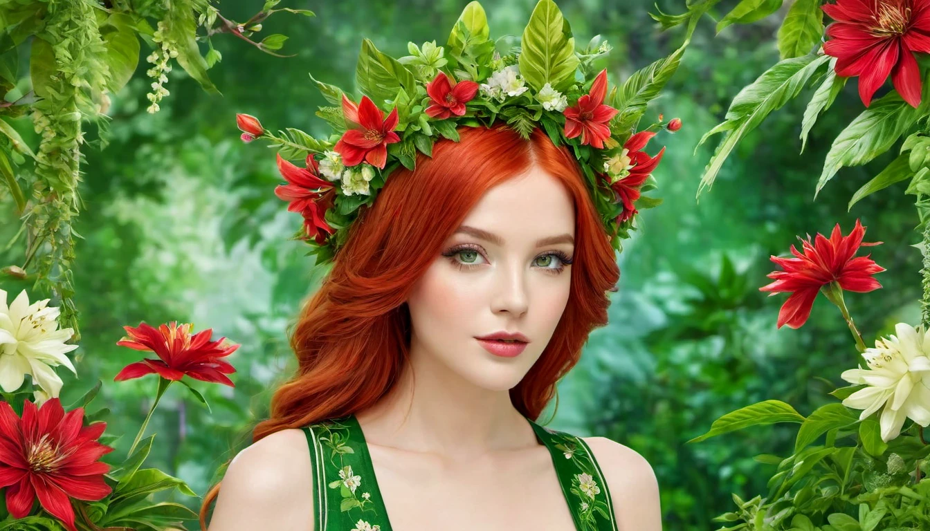 The image portrays a young woman with striking red hair, adorned with a crown of vibrant red flowers and lush green leaves. Her eyes, a captivating shade of green, seem to sparkle with a hint of mischief. She is dressed in a green top that complements the floral crown, adding to the overall harmony of the scene. The background is a lush tapestry of greenery, with various plants and flowers that blend seamlessly with her attire and the floral crown. The image exudes a sense of tranquility and natural beauty, as if the woman is a living embodiment of the forest's enchantment.