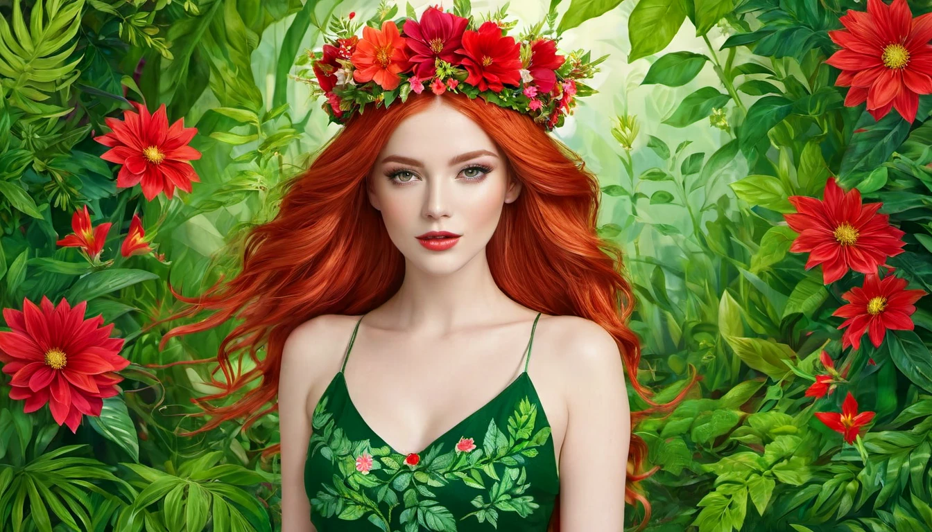 The image portrays a young woman with striking red hair, adorned with a crown of vibrant red flowers and lush green leaves. Her eyes, a captivating shade of green, seem to sparkle with a hint of mischief. She is dressed in a green top that complements the floral crown, adding to the overall harmony of the scene. The background is a lush tapestry of greenery, with various plants and flowers that blend seamlessly with her attire and the floral crown. The image exudes a sense of tranquility and natural beauty, as if the woman is a living embodiment of the forest's enchantment.