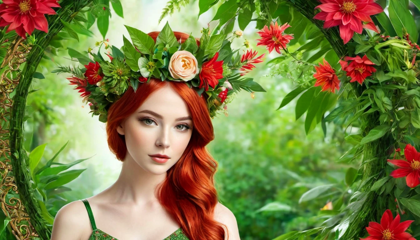 The image portrays a young woman with striking red hair, adorned with a crown of vibrant red flowers and lush green leaves. Her eyes, a captivating shade of green, seem to sparkle with a hint of mischief. She is dressed in a green top that complements the floral crown, adding to the overall harmony of the scene. The background is a lush tapestry of greenery, with various plants and flowers that blend seamlessly with her attire and the floral crown. The image exudes a sense of tranquility and natural beauty, as if the woman is a living embodiment of the forest's enchantment.