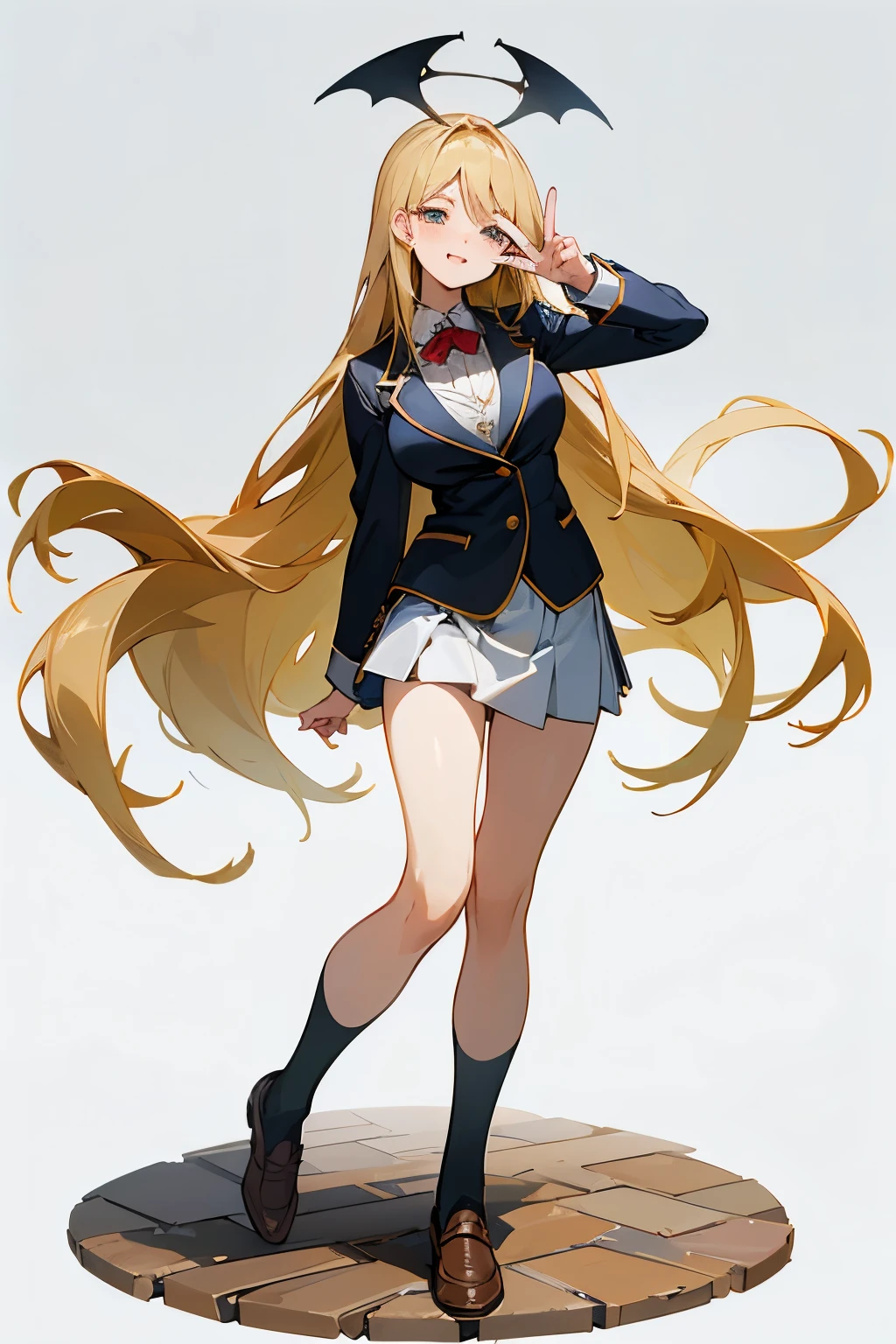 {{masterpiece}}, {{{best quality}}}, {{ultra-detailed}}, {{illustration}},{beautiful detailed},beautiful detailed glow, Best, anime girl, {full body}, {}, Marin Kitagawa, high school girl, gal, blonde, straight very long hair, full body, blazer, short skirt, loafers, full body, white background, slender, glamorous figure, big tits, ground, mouth open, {{{{standing on ground with legs open}}}}, ground, devilish smile, Peace sign near the face