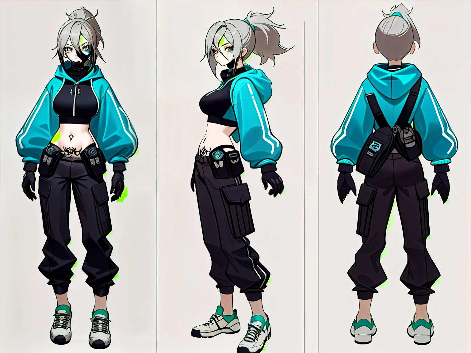 (((view from three sides, Concept art of the character))) DEADLINE \(League of Legends\), 1 girl Akali, I'm looking at the viewer, League of Legends, climax, Rise, hand tattoos, tying hair , black цвет волос, hair between eyes, Fashionable wind, with long bangs, long gray hair, (Wearing a mask No. 1:1.2), ninja artist, ponytail, waist bag, tattoo is, medium breast, looking at_Shown in_Look at the audience, short_hair, mittens, navel, refusal, blue_There are eyes, Eternal, full_body, weapon, shoes, collars, black_mittens, chapter, with hood, hair_surpass_Yoon_There are eyes, daggers, pruning_vertex, sweatshirt, black_trousers, sports shoes, refusal_daggers, daggers, Cropped_jacket, cyberpunk character, Cropped_sweatshirt