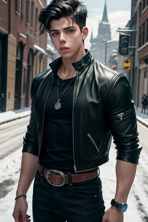 Andrew Matarazzo 20 year old boy with open black jacket blue t-shirt with snow print short black hair punk style yellow locks black jeans green eyes black leather belt silver buckle muscular build slim cross medallion silver bracelet looking straight at viewer holding a harp