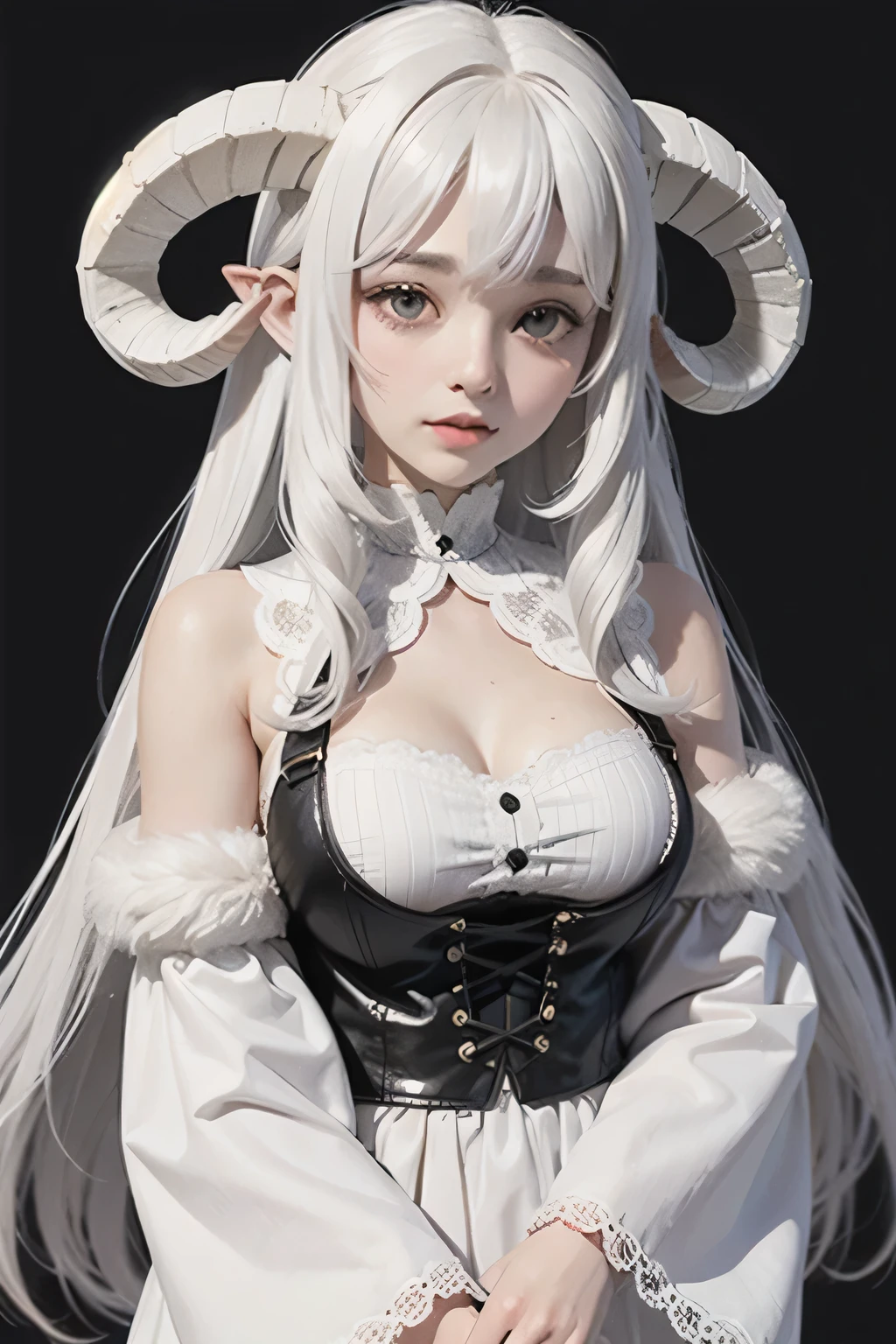 Girl with sheep&#39;s horns、White Hair、White fluffy clothes