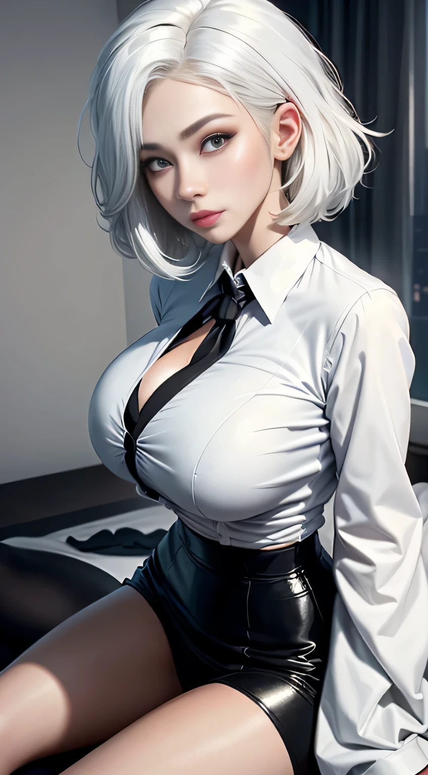 sfw, ((lying back on bed top view)), (masterpiece:1.3), (8k, photorealistic, RAW photo, best quality: 1.4), (1girl), beautiful face, (realistic face), (black hair, short hair:1.3), Nice hairstyle,Realistic Eyes,Nice detail eyes,(Realistic Skin),Beautiful Skin,Ridiculous,attractive,Ultra high Resolution,an ultra realistic,RAWExtremely detailed,golden proportions,Full body photo, Woman wearing business outfit, formal blazer, white blouse, beautiful, masterpiece, best quality, perfect lighting, (white hair:1.4), long hair, (grey eyes:1.2), slender build, thin, medium breasts, business woman, ceo, luxurious black leather, giant modern window with view of nighttime city skyline in background, close up, wearing bra,((skinny waist)), young asian girl, ((big breasted)),