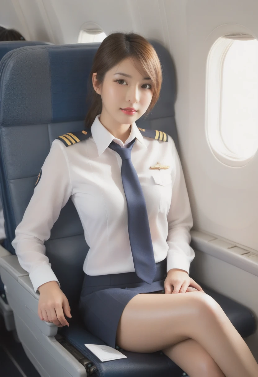 arafed woman sitting on a plane seat with her Crossing your legs, cute Pilot Girl, Pilot Girl, plane, Japanese Model, Girl in uniform, Pilot clothing, Tight clothing, In the sky, Beautiful angle, business suit, sakimichan, Crossing your legs, inside plane, Long legs, Charm, captivating and mesmerizing, Lovely lady, Lots of sunlight