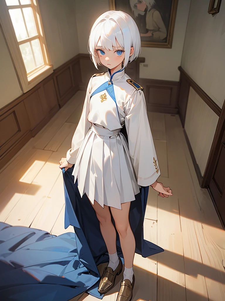 1girl, full body, white hair, short hair, blue eyes, flat chest, gallant expression, white uniform, blue linings, short pleated skirt, bare legs, masterpiece, beautiful face, detailed eyes, clean fingers, standing, medieval room, poverty, poor bedroom, detailed background