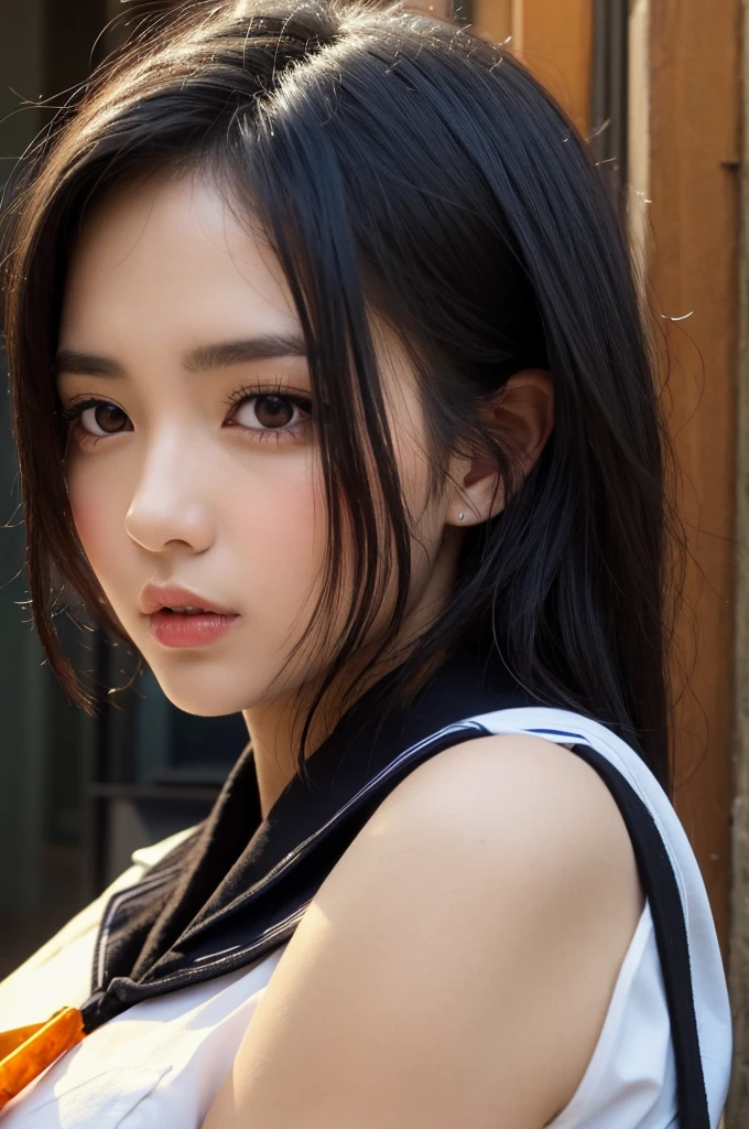 (Hassleblad H6D-400c), (medium format image),(dreamy),(400 mega pixels),(photorealistic:1.4),(RAW photo:1.2),(8k),(masterpiece:1.3),(realistic),(hyper-realistic),ultra-detailed,illustration,(very_high_realistic:1.5),(very_high_resolution:1.5),HDR,CG,unity,8k wallpaper,Amazing,finely detail,official art,extremely detailed CG unity 8k wallpaper,(best quality),incredibly absurdres,ultra-detailed,light on face,cinema lights,cinematic lighting,professional lighting,photon mapping,radiosity,physically-based rendering,solo focus,sharp focus,highres,extremely detailed,extremely delicate and beautiful,intricate detail,facial muscles,beautiful detailed girl,natural makeup,extremely detailed face,looking away,(embarassed,smile, happy, grin, flustered:0.3),japanese girl,((solo)),(very short black hair with bangs),(finely detailed beautiful AMBER Black eyes: 2),symmetrical pupils,extremely detailed pupils,lustrous skin,show Clavicle, perfect skin,(medium_breasts:1.3),slim body,narrow waist,Proper body proportion,perfect body,((sailor uniform:1.5)),