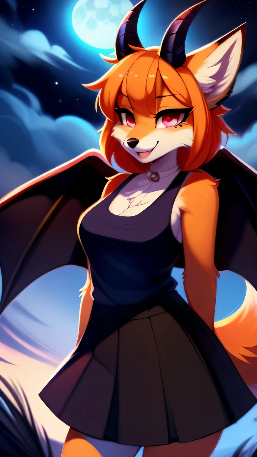 open smile, uploaded the e621, beautiful and detailed, woman (((female))) ((anthro)) Fox, (Fox girl), by waspsalad, by phluks, by zero-sum, night, full moon, hills, wind, cinematic lighting, Fox, (anthro, fluffy fur, character focus:1.1), 1girl, anthro fox girl, body fur, orange fur, orange body, orange hair, curvy, sexy, nice, cute, hot, comfortable anime-style cartoon-style, digital drawing, (half-closed eyes), dark purple clothes, sleeveless, skirt, pink eyes, glowing eyes , (horns, black horn, white horn, black wings), bangs, pose