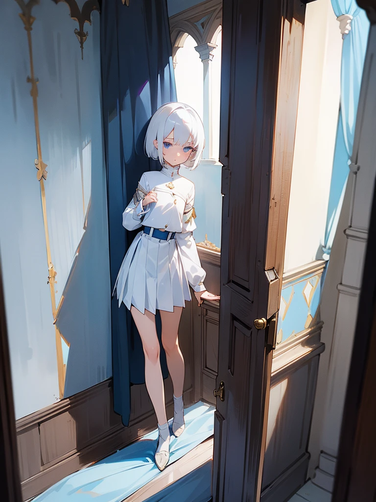 1girl, full body, white hair, short hair, blue eyes, flat chest, gallant expression, white uniform, blue linings, short pleated skirt, bare legs, masterpiece, beautiful face, detailed eyes, clean fingers, standing upright, medieval room, poverty, poor bedroom, detailed background
