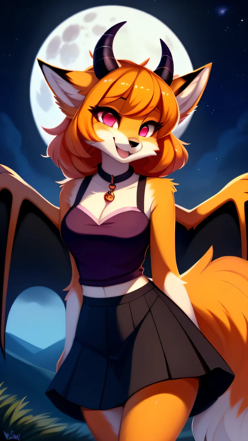 open smile, uploaded the e621, beautiful and detailed, woman (((female))) ((anthro)) Fox, (Fox girl), by waspsalad, by phluks, by zero-sum, night, full moon, hills, wind, cinematic lighting, Fox, (anthro, fluffy fur, character focus:1.1), 1girl, anthro fox girl, body fur, orange fur, orange body, orange hair, curvy, sexy, nice, cute, hot, comfortable anime-style cartoon-style, digital drawing, (half-closed eyes), dark purple clothes, sleeveless, skirt, pink eyes, glowing eyes , (horns, black horn, white horn, black wings), bangs, pose