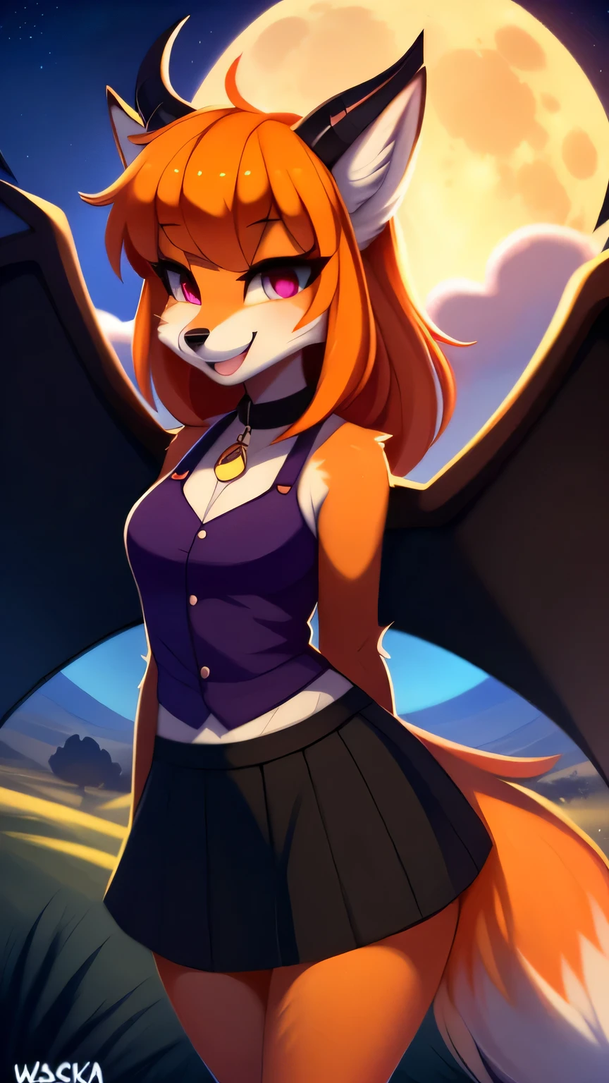 open smile, uploaded the e621, beautiful and detailed, woman (((female))) ((anthro)) Fox, (Fox girl), by waspsalad, by phluks, by zero-sum, night, full moon, hills, wind, cinematic lighting, Fox, (anthro, fluffy fur, character focus:1.1), 1girl, anthro fox girl, body fur, orange fur, orange body, orange hair, curvy, sexy, nice, cute, hot, comfortable anime-style cartoon-style, digital drawing, (half-closed eyes), dark purple clothes, sleeveless, skirt, pink eyes, glowing eyes , (horns, black horn, white horn, black wings), bangs, pose