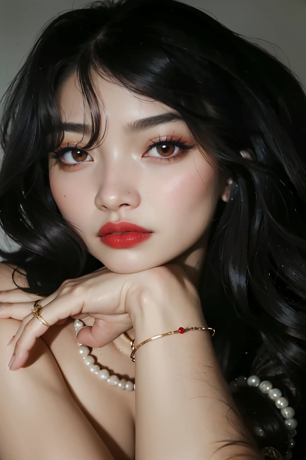 a close up of a woman with a labios rojostick and a necklace, thick labios rojos, small and thick labios rojos, labios gruesos, labios rojos, sexy labios rojos, wide golden eyes and labios rojos, faint labios rojos, luscious labios rojos, deep labios rojos, big labios rojos, dark labios rojos, both have labios rojos, labios rojostick on face