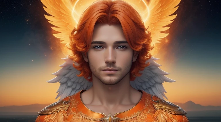 a closeup of a man with orange hair and angel wings, fantasy male portrait, Archangel Uriel , Michael Angelo inspirado, guapo impresionante realista, con alas doradas de fuego, glowing angelical being, angelical, angelical face, cuerpo completo, angel volando