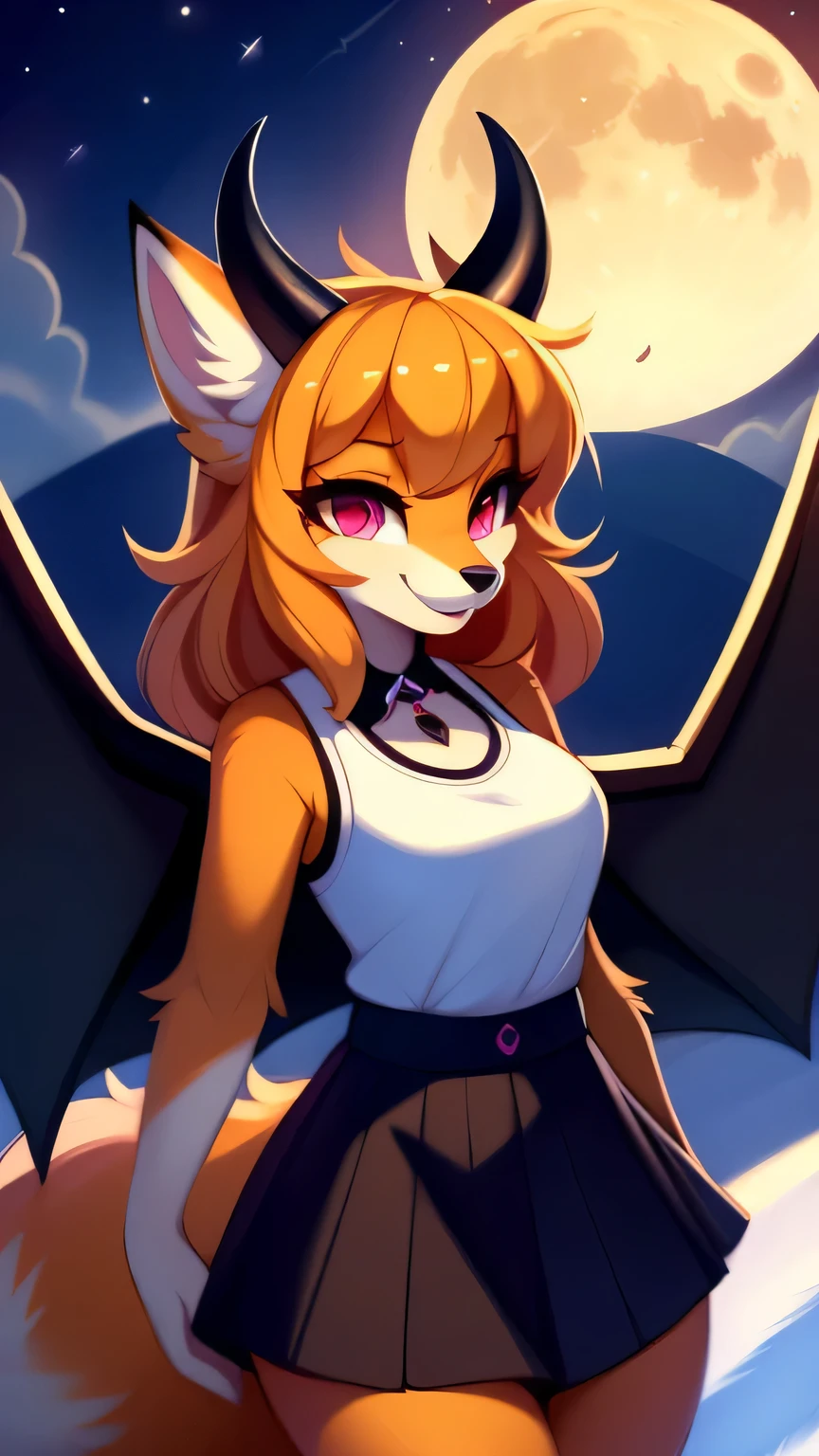 open smile, uploaded the e621, beautiful and detailed, woman (((female))) ((anthro)) Fox, (Fox girl), by waspsalad, by phluks, by zero-sum, night, full moon, hills, wind, cinematic lighting, Fox, (anthro, fluffy fur, character focus:1.1), 1girl, anthro fox girl, body fur, orange fur, orange body, orange hair, curvy, sexy, nice, cute, hot, comfortable anime-style cartoon-style, digital drawing, (half-closed eyes), dark purple clothes, sleeveless, skirt, pink eyes, glowing eyes , (horns, black horn, white horn, black wings), bangs, pose