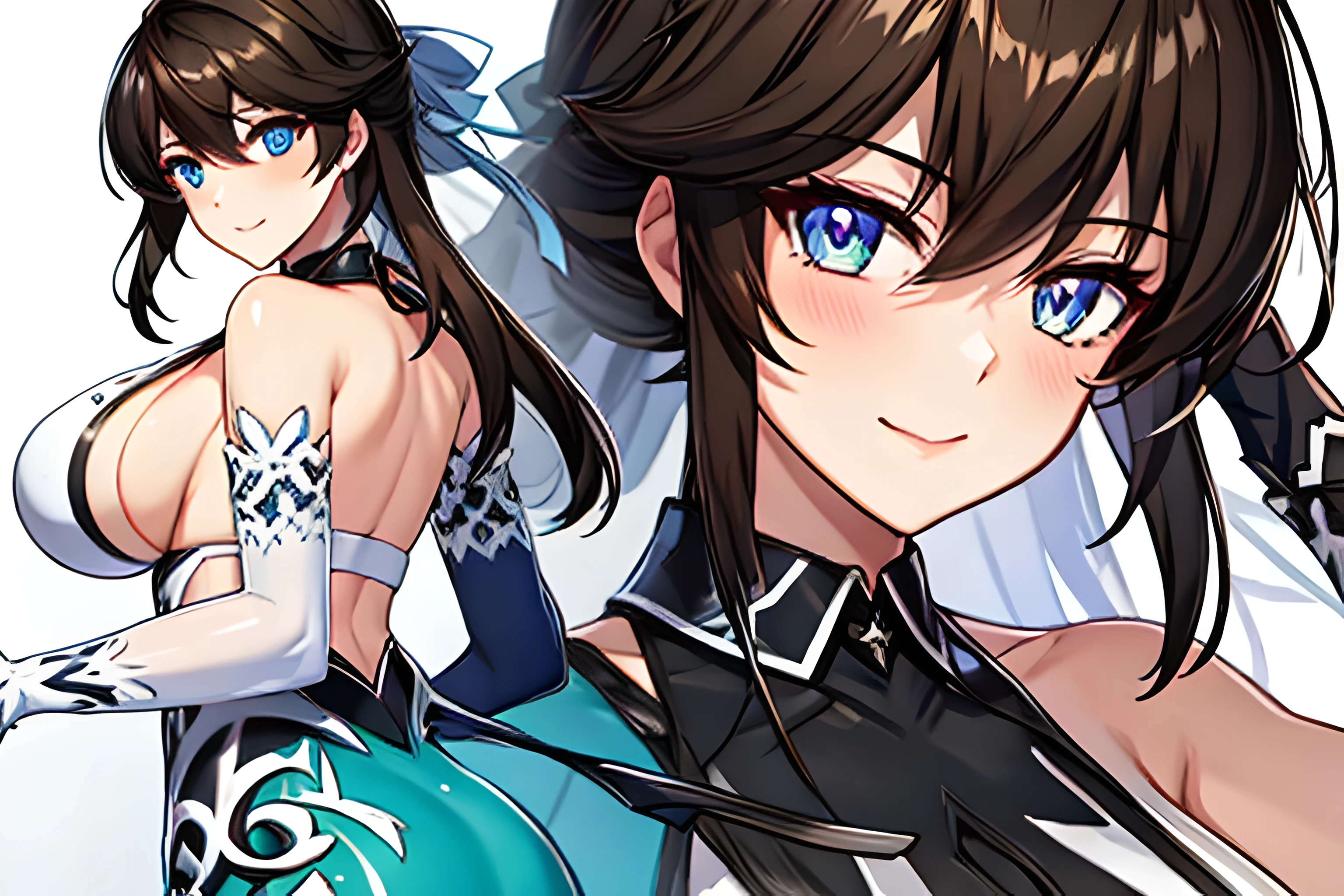 (masterpiece),(best quality),(ultra-detailed),(best illustration),(best shadow),(absurdres),(detailed background),(very aesthetic), 1girl, solo, shin jia, oridress, brown hair, blue eyes, sexy dress, large breasts, seductive smile, front view, upper body, hands behind back, market background,