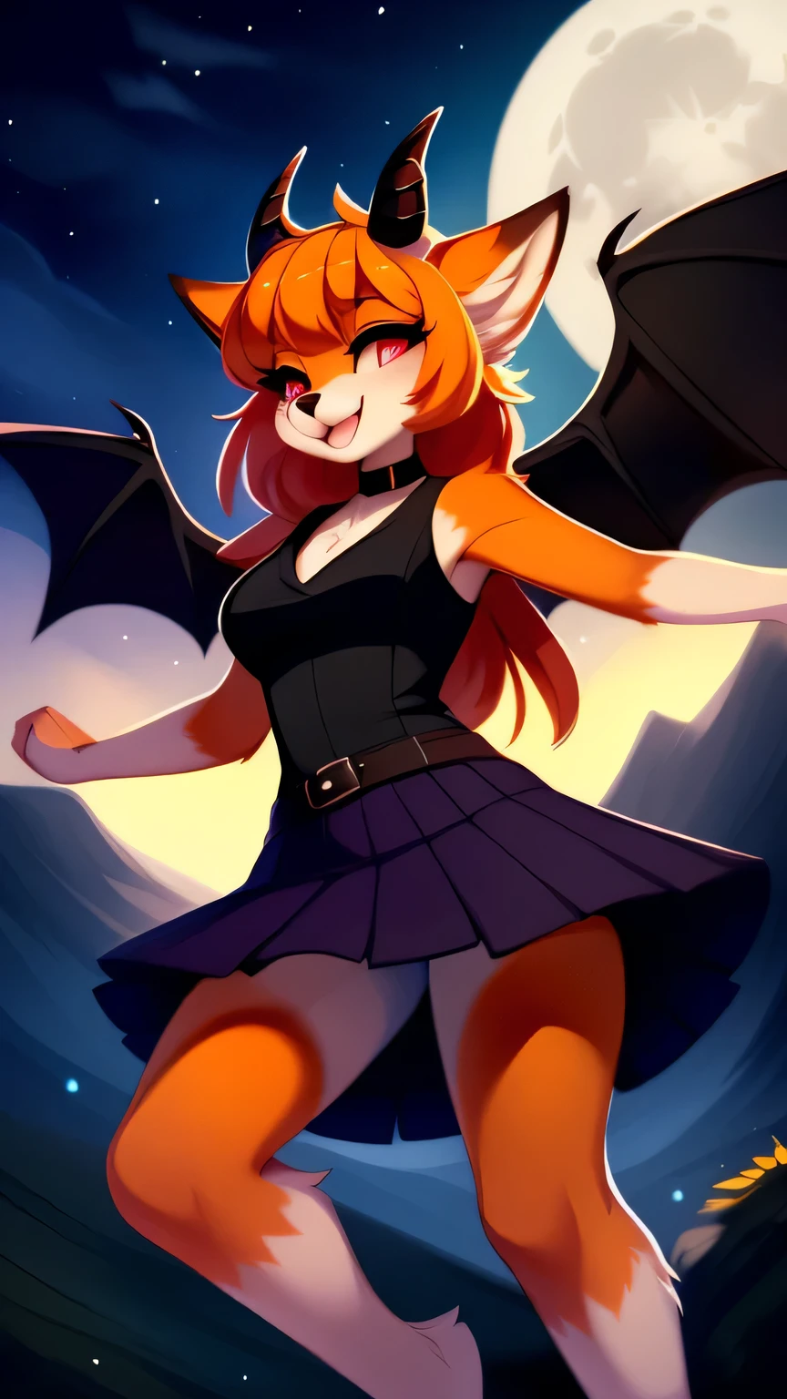 open smile, uploaded the e621, beautiful and detailed, woman (((female))) ((anthro)) Fox, (Fox girl), by waspsalad, by phluks, by zero-sum, night, full moon, hills, wind, cinematic lighting, Fox, (anthro, fluffy fur, character focus:1.1), 1girl, anthro fox girl, body fur, orange fur, orange body, orange hair, curvy, sexy, nice, cute, hot, comfortable anime-style cartoon-style, digital drawing, (half-closed eyes), dark purple clothes, sleeveless, skirt, pink eyes, glowing eyes , (horns, black horn, white horn, black wings), bangs, action pose