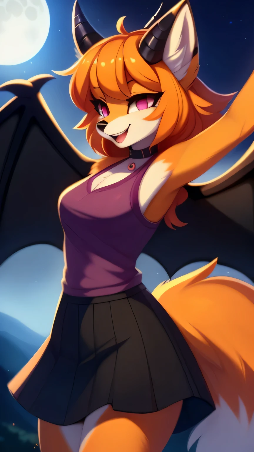 open smile, uploaded the e621, beautiful and detailed, woman (((female))) ((anthro)) Fox, (Fox girl), by waspsalad, by phluks, by zero-sum, night, full moon, hills, wind, cinematic lighting, Fox, (anthro, fluffy fur, character focus:1.1), 1girl, anthro fox girl, body fur, orange fur, orange body, orange hair, curvy, sexy, nice, cute, hot, comfortable anime-style cartoon-style, digital drawing, (half-closed eyes), dark purple clothes, sleeveless, skirt, pink eyes, glowing eyes , (horns, black horn, white horn, black wings), bangs, action pose