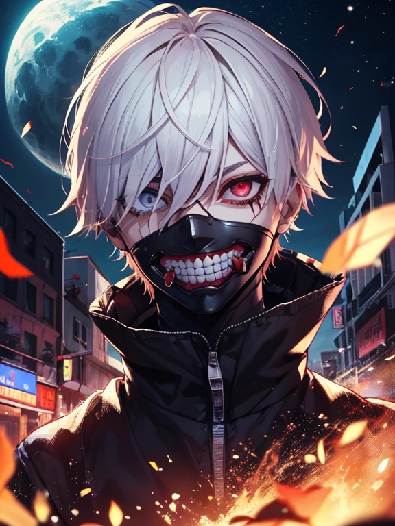 8k, animado, retrato, mejor calidad, ultra high resolution, ultra detallado, alta calidad:1.4), (kaneki-ken), pelo blanco, ojo rojo y negro, mascarilla | dientes, ojos de sangre, chaqueta negra, , demonio smile, horror, ojos afilados,  ojos siniestros, night city, street, fight pose
