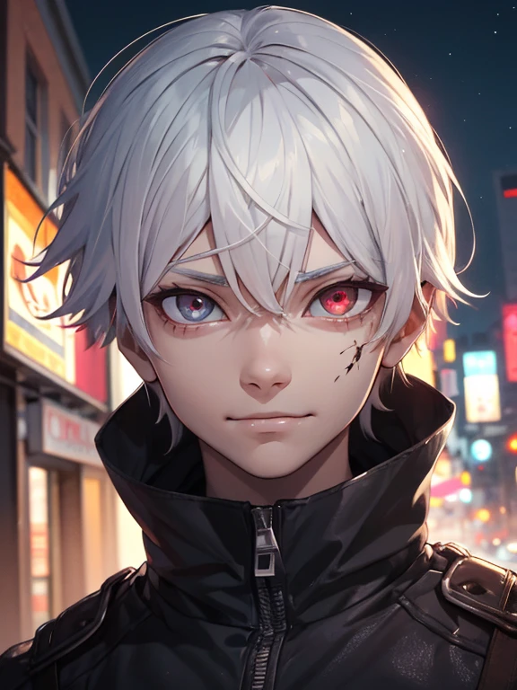 8k, animado, retrato, mejor calidad, ultra high resolution, ultra detallado, alta calidad:1.4), (kaneki-ken), pelo blanco, ojo rojo y negro, mascarilla | dientes, ojos de sangre, chaqueta negra, , demonio smile, horror, ojos afilados,  ojos siniestros, night city, street, fight pose