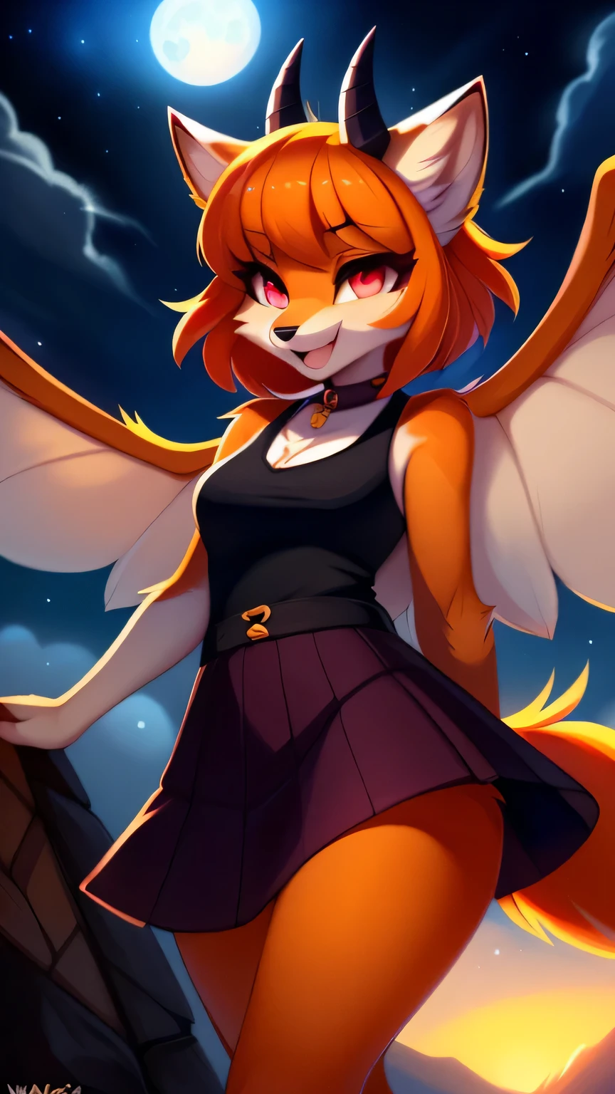 open smile, uploaded the e621, beautiful and detailed, woman (((female))) ((anthro)) Fox, (Fox girl), by waspsalad, by phluks, by zero-sum, night, full moon, hills, wind, cinematic lighting, Fox, (anthro, fluffy fur, character focus:1.1), 1girl, anthro fox girl, body fur, orange fur, orange body, orange hair, curvy, sexy, nice, cute, hot, comfortable anime-style cartoon-style, digital drawing, (half-closed eyes), dark purple clothes, sleeveless, skirt, pink eyes, glowing eyes , (horns, black horn, white horn, black wings), bangs, action pose