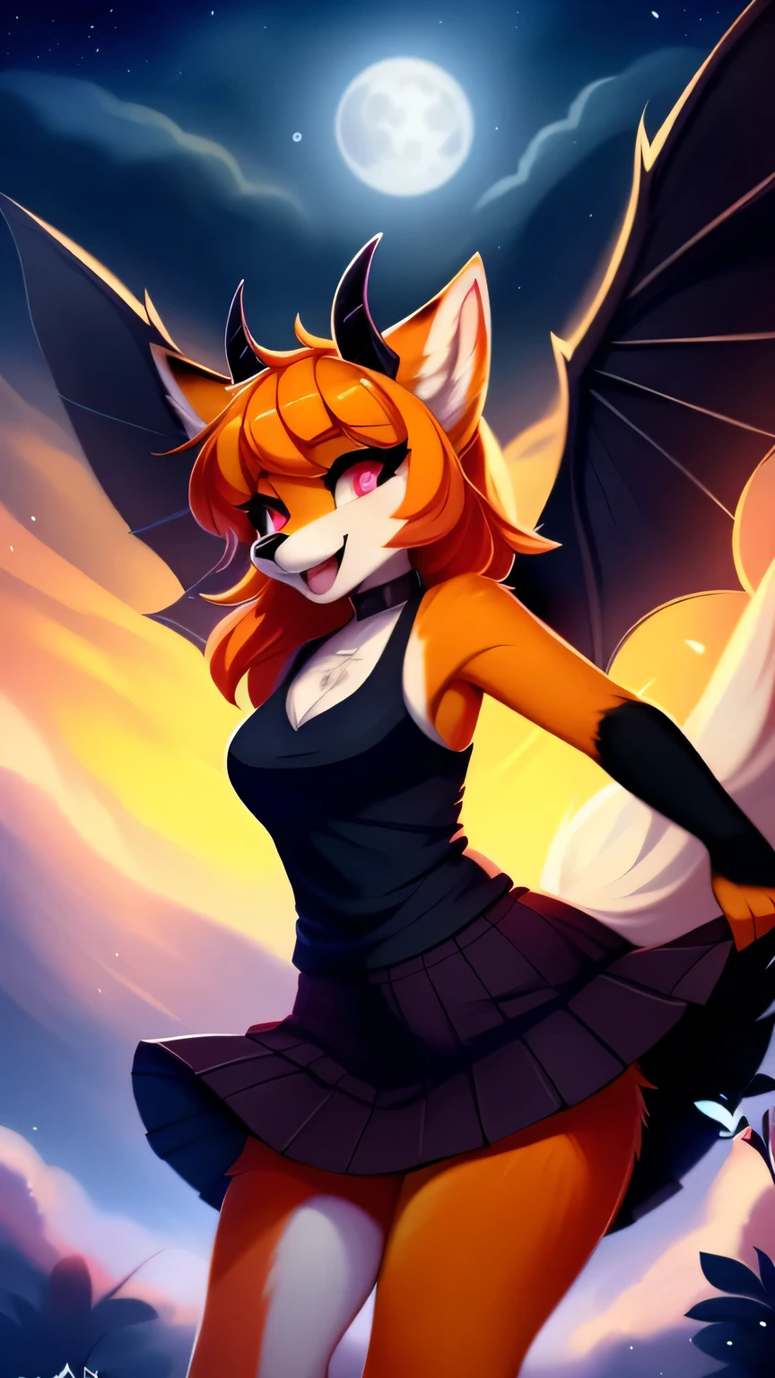 by fluff-kevlar, by ouka, by Kilinah, (((woman, breasts, antrum, extremely detailed, extremely detailed legs, extremely detailed arms, extremely detailed face, perfectly detailed eyes, perfectly detailed anatomy))): 1.2, beautiful and detailed portrait of an anthropomorphic vixen ((female))), anthro, female, red fox, high definition, good anatomy, orange fur, orange body, simple background, highly detailed face, deep yellow iris, yellow eyes, red hair, long hair, kitsune, multiple tails, dark lighting, moody lighting, full body, sexy body, slanky body, sexy face, nice, hot, cute, pawpads, paws, showing feet, magical levitating, night, half moon, stars, blushing, friendly smile, smile, friendly, elegant, dark, mysterious, alluring, beautiful, thigh highs, purple yukata