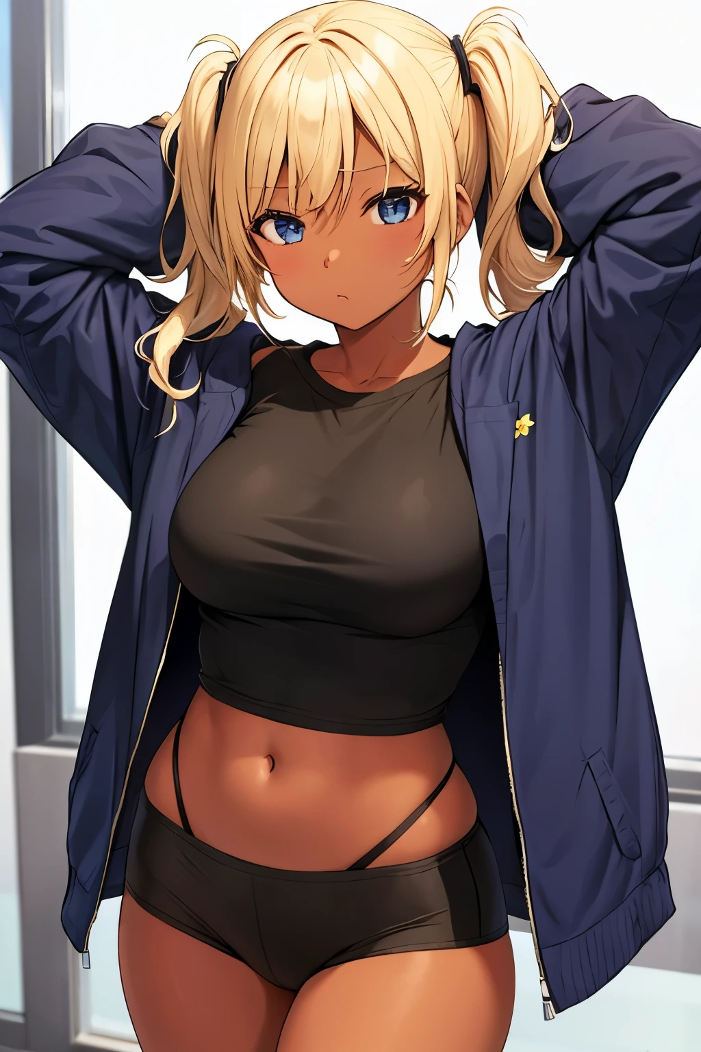 Beautiful girl, blonde, twintails, dark skin, T-shirt, jacket, stomach