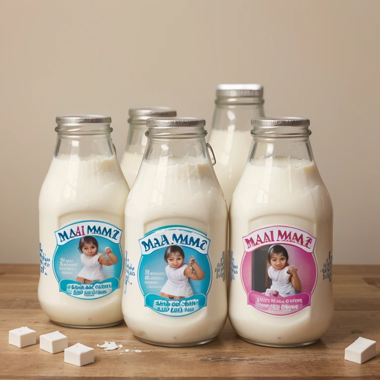 Bottles of yoghurt and milk with a label of MAMA PRODUCTS