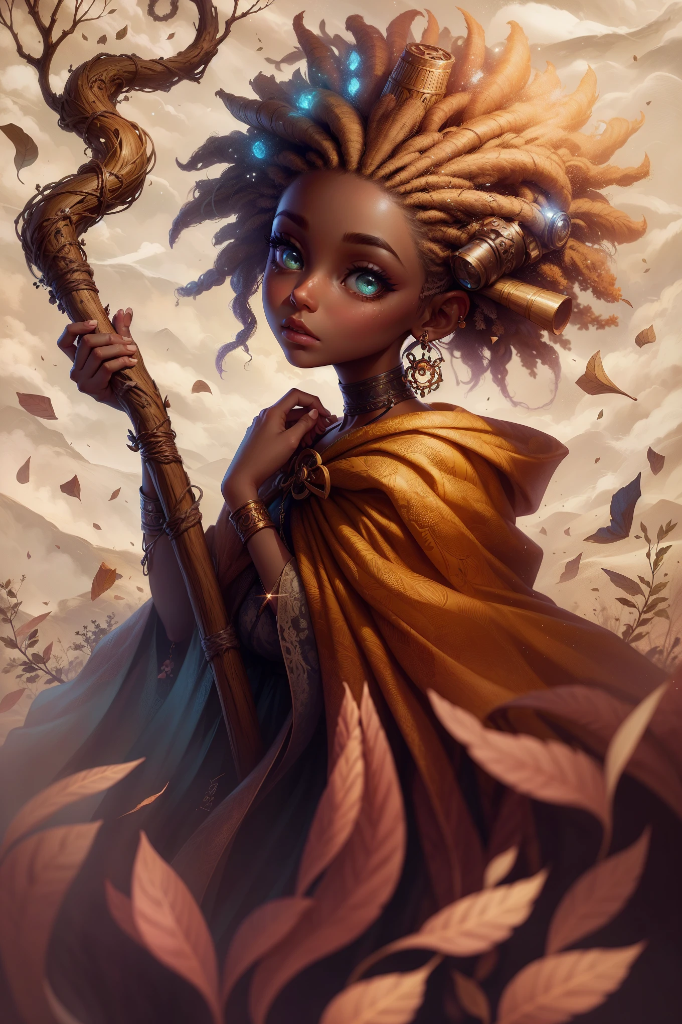 a close up of a woman with a stick and a tree, cute detailed digital art, beeple and jeremiah ketner, childrens art in artstation, beautiful digital artwork, fantasy art style, epic fantasy art style, stunning digital illustration, adorable digital painting, beautiful digital illustration, epic fantasy digital art style, epic digital art illustration, beautiful character painting