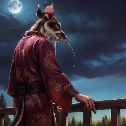 low-angle view,
standing, night, moonlight, clothed, kimono, red kimono, rat tail, red eyes, goatee, brown body, white fur, black fur, bandages, safe,
(master splinter:1.2), rear view, solo, topwear, bottomwear,
BREAK,
by bruteandbrawn, by personalami, by kenket, (intricate, high detail, film photography, soft focus, RAW candid cinema,
photorealism, realistic, photorealistic, analog style, subsurface scattering,
masterpiece, best quality, ultra realistic, 8k)