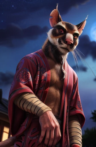 low-angle view,
standing, night, moonlight, clothed, kimono, red kimono, rat tail, red eyes, goatee, brown body, white fur, black fur, bandages, safe,
(master splinter:1.2), looking at viewer, front view, solo, topwear, bottomwear,
BREAK,
by bruteandbrawn, by personalami, by kenket, (intricate, high detail, film photography, soft focus, RAW candid cinema,
photorealism, realistic, photorealistic, analog style, subsurface scattering,
masterpiece, best quality, ultra realistic, 8k)