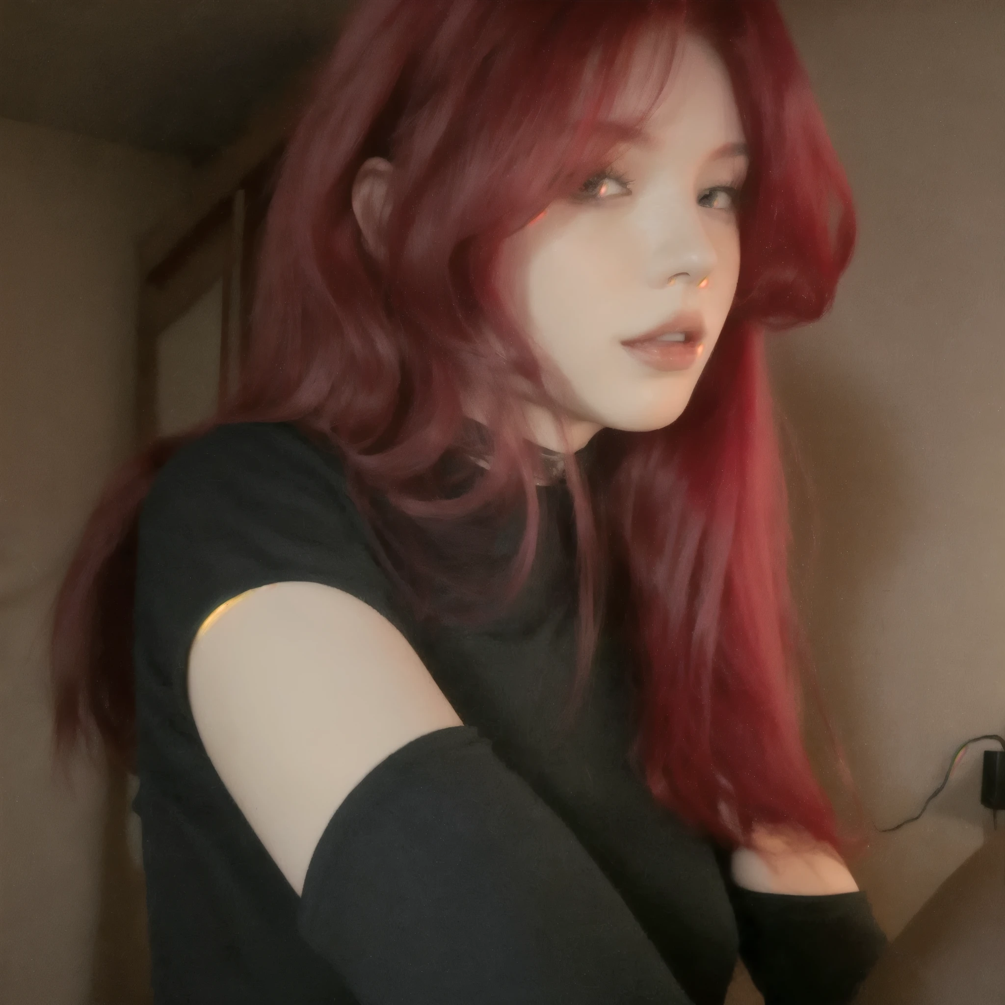 there is Jennie kim with red hair and a black top, red dyed hair, crimson red hair and red eyes, with red hair, with long red hair, amouranth, red crimson crimson hair, vibrant red hair, black and red hair, red long hair, red hair, red wig, bright red hair, young beautiful amouranth, crimson hair