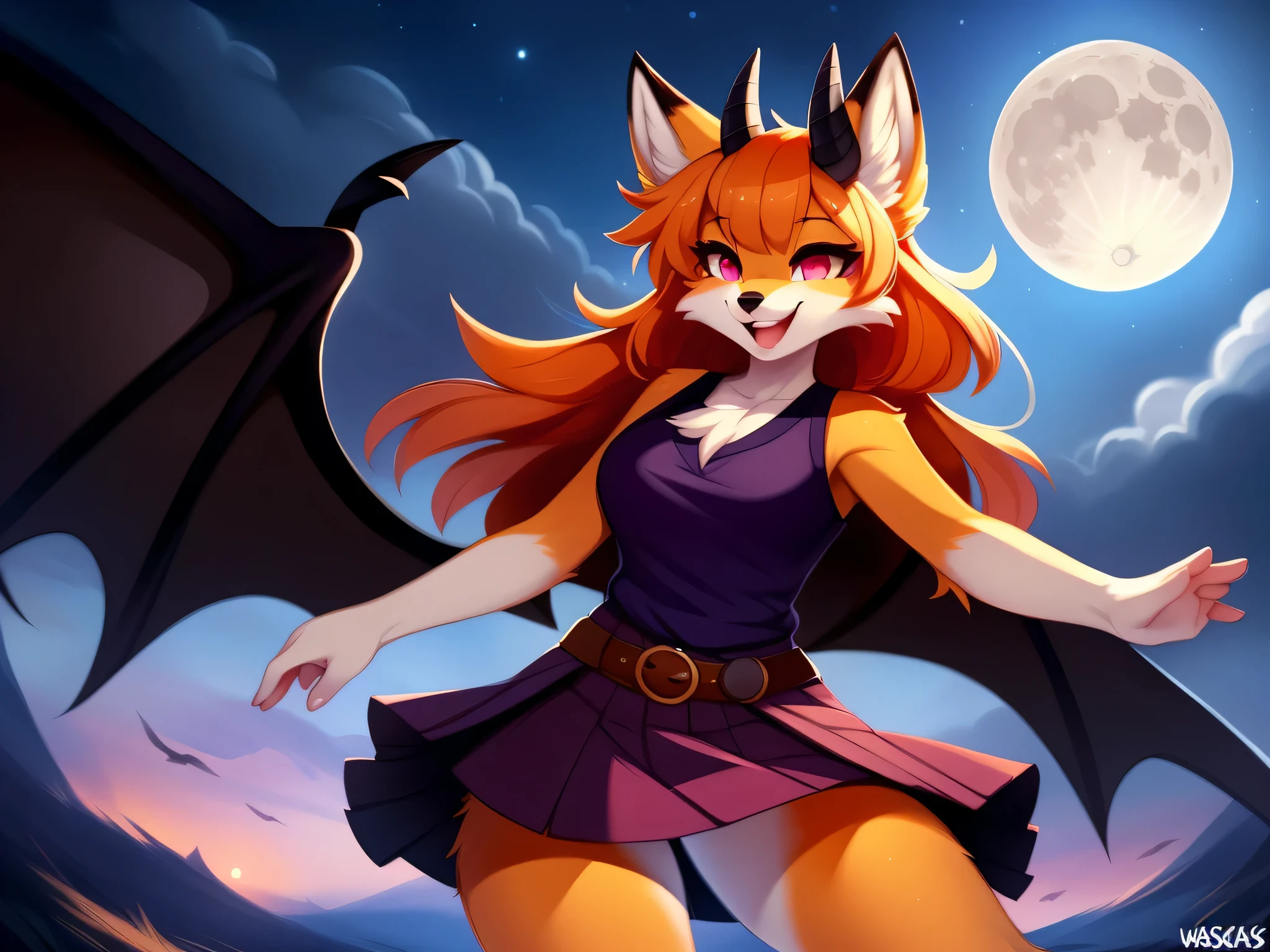 open smile, uploaded the e621, beautiful and detailed, woman (((female))) ((anthro)) Fox, (Fox girl), by waspsalad, by phluks, by zero-sum, night, full moon, hills, wind, cinematic lighting, Fox, (anthro, fluffy fur, character focus:1.1), 1girl, anthro fox girl, body fur, orange fur, orange body, orange hair, curvy, sexy, nice, cute, hot, comfortable anime-style cartoon-style, digital drawing, (half-closed eyes), dark purple clothes, sleeveless, skirt, pink eyes, glowing eyes , (horns, black horn, white horn, black wings), bangs, action pose