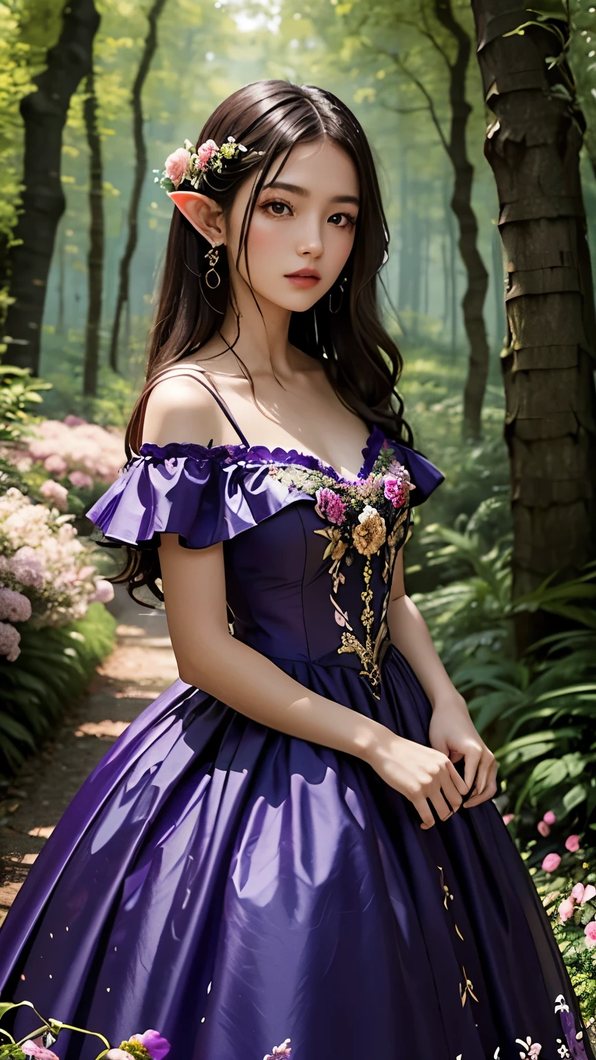 a fairy wearing a purple dress with flowers, a magic forest background, (An ultra-high picture quality), pointy ears, spanish