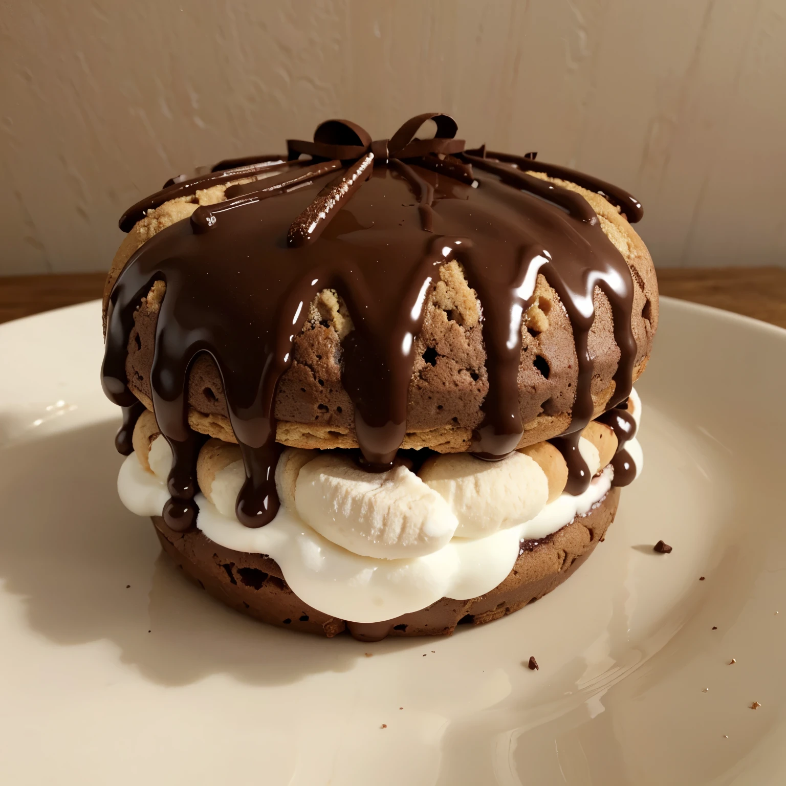 Barre de chocolat avec base de biscuits puis marshmallow enrobé de chocolat avec morceaux de nougat 
