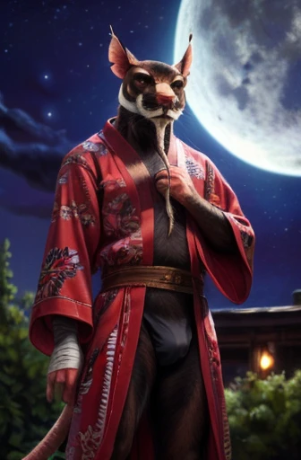 low-angle view,
standing, night, moonlight, clothed, kimono, red kimono, rat tail, red eyes, goatee, brown body, white fur, black fur, bandages, safe,
(master splinter:1.2), looking at viewer, front view, solo, topwear, bottomwear, bulge
BREAK,
by bruteandbrawn, by personalami, by kenket, (intricate, high detail, film photography, soft focus, RAW candid cinema,
photorealism, realistic, photorealistic, analog style, subsurface scattering,
masterpiece, best quality, ultra realistic, 8k)