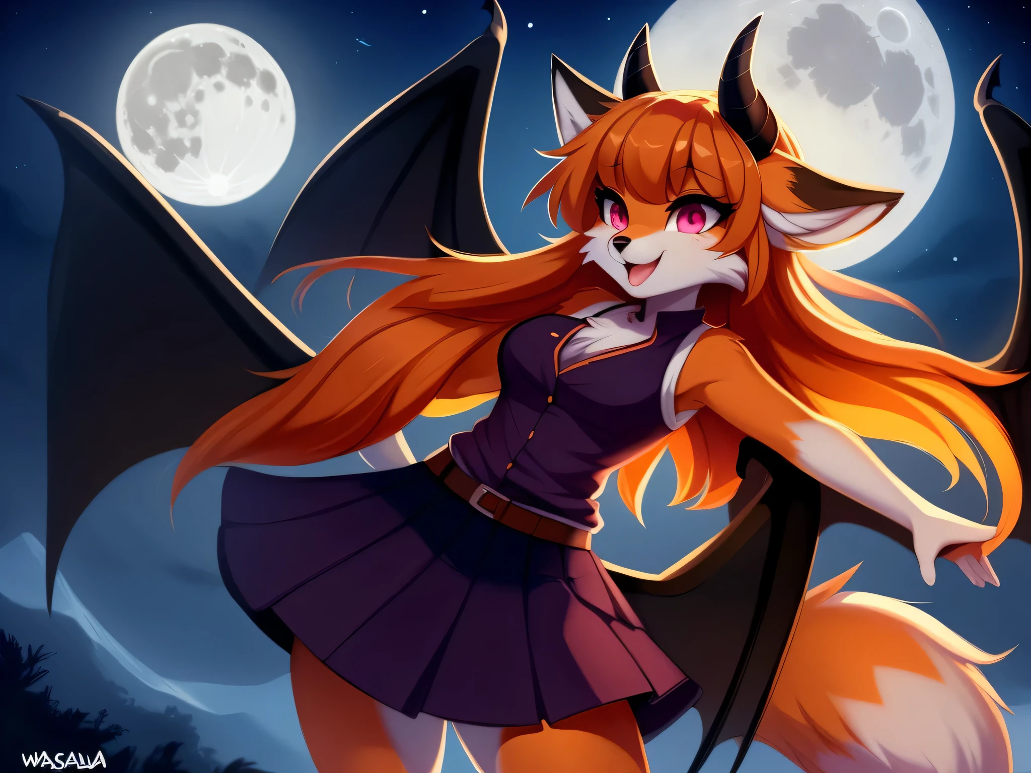Nervous smiling, uploaded the e621, beautiful and detailed, woman (((female))) ((anthro)) Fox, (Fox girl), by waspsalad, by phluks, by zero-sum, night, full moon, cinematic lighting, Fox, (anthro, fluffy fur, character focus:1.1), 1girl, anthro fox girl, body fur, orange fur, orange body, orange hair, curvy, sexy, nice, cute, hot, comfortable anime-style cartoon-style, digital drawing, (half-closed eyes), pink eyes, glowing eyes , (horns, black horn, white horn, black wings), bangs