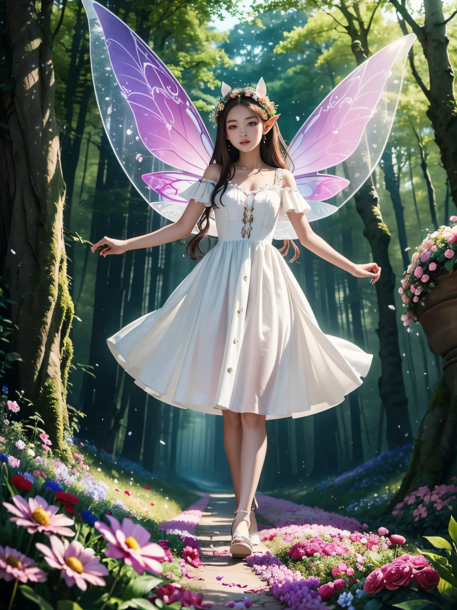 a girl wearing a white dress with flowers, a lot of flowers around, a magic forest background, pointy ears, fairy wings, magic powder, flying, (An ultra-high picture quality), ultra detailed, hdr