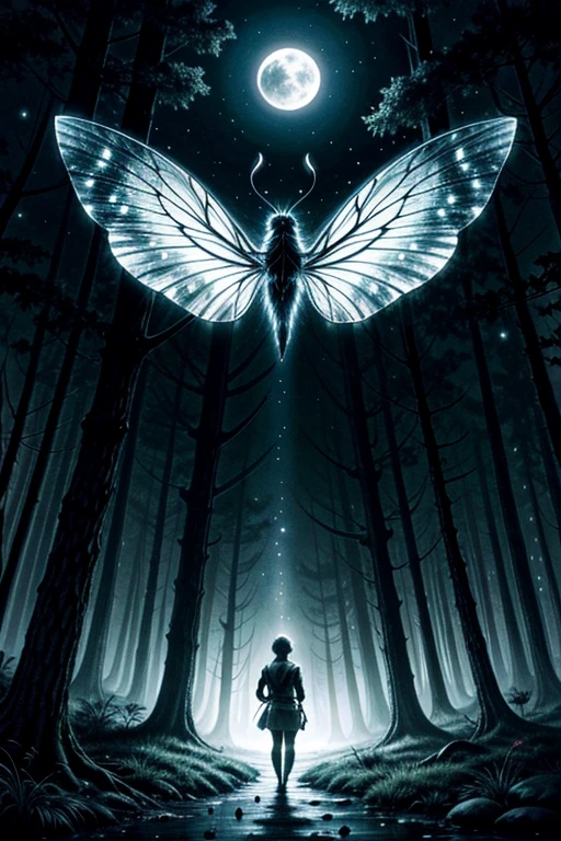 (aesthetic) Exquisite, flying (creature:1.1) like a moth (dark), (poisonous:0.9). (Best quality:1.2), (ultra-detailed). The scene is set in a mysterious forest at night with a faint moonlight casting eerie shadows. The moth, with intricate patterns on its wings, gracefully flutters through the air. Its body shimmers in the darkness, emitting an ethereal glow. The surrounding foliage glimmers with a hint of poison, exuding a surreal and otherworldly atmosphere. The delicate details of the moth's wings and the depth of the forest are captured in (HDR) and (UHD), giving the image a breathtaking level of realism. The overall color tone is rich and saturated, reflecting the midnight hues and adding to the enigmatic ambiance. The lighting is soft and diffused, enhancing the mystique of the scene.