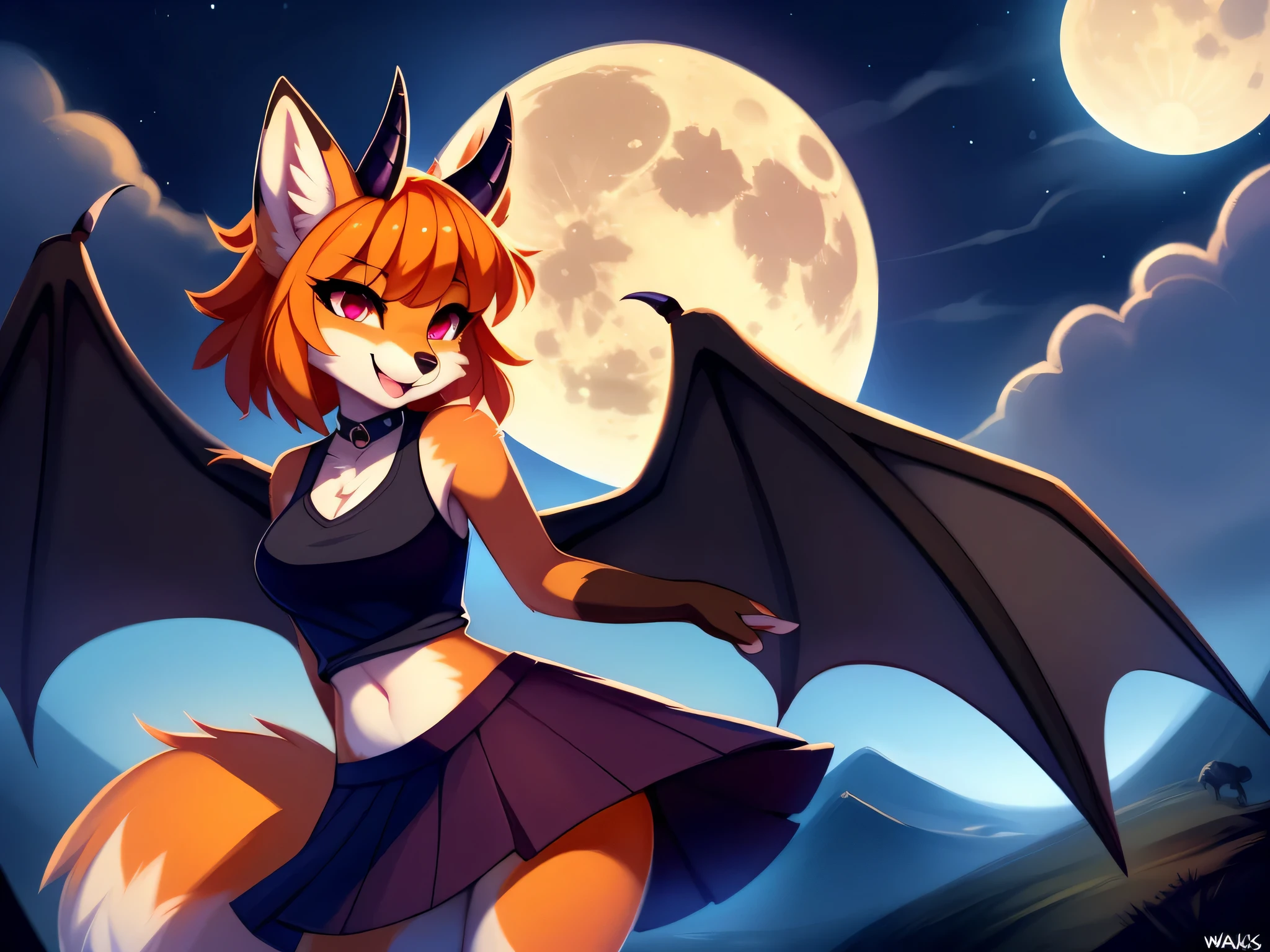 open smile, uploaded the e621, beautiful and detailed, woman (((female))) ((anthro)) Fox, (Fox girl), by waspsalad, by phluks, by zero-sum, night, full moon, hills, wind, cinematic lighting, Fox, (anthro, fluffy fur, character focus:1.1), 1girl, anthro fox girl, body fur, orange fur, orange body, orange hair, curvy, sexy, nice, cute, hot, comfortable anime-style cartoon-style, digital drawing, (half-closed eyes), dark purple clothes, pink eyes, glowing eyes , (horns, black horn, white horn, black wings), bangs, pose