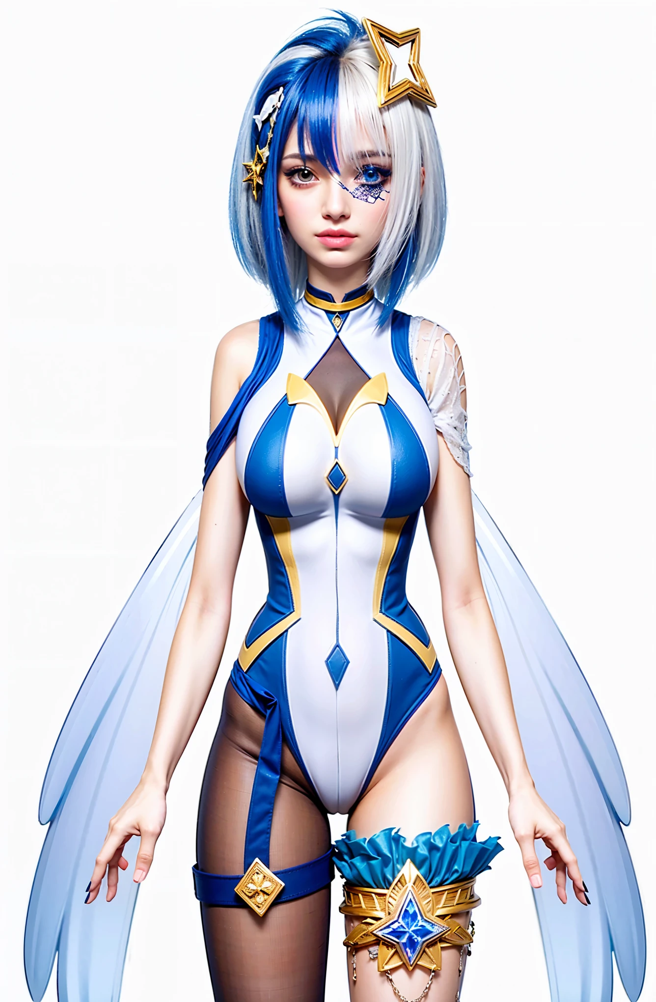  uma mulher adulta com  cabelo curto, um traje branco e azul, ((Maximum quality、8k、parte do masseter:1.1))、Coroa em forma de estrela de 4 pontas, 1 mulher、cabelo branco com mechas azuis、orelhas de elfo, atalho、Olho grande、thicker lips、olhos dourados、Rosto seco、Um sorriso、Mulheres lindas:1.1、seios grandes:1.1,Olho grande,rosto hiperdetalhado,  Rosto realista、rosto fofo、adorable face、subir、legal face、organismo、Highly detailed lips、erotic face,Rosto de sopro、Abra um pouco a boca,olhos convidativos,sagging chest,carnudo,pele brilhante, a noite、luz neon、paisagem noturna
