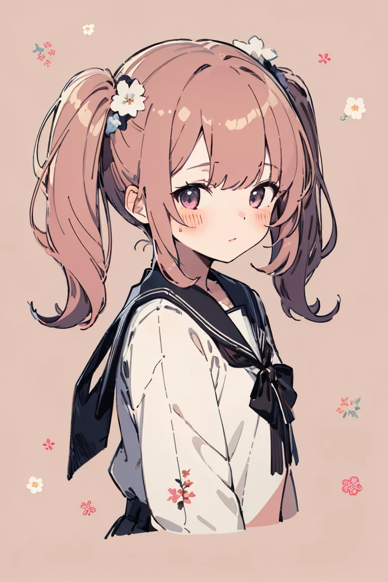 One girl, solo, Blusher, Pink Hair, Twin tails, serafuku, Floral Background,