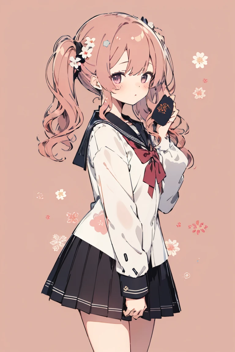One girl, solo, Blusher, Pink Hair, Twin tails, serafuku, Floral Background,