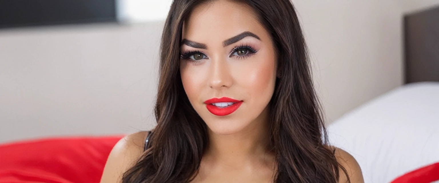 (melhor qualidade, ultradetalhado, realista: 1,37), uma foto de Alina Lopez, cabelos pretos, lindos olhos detalhados, maquiagem preta prefeita, beautiful eyelashes, beautiful detailed lips, batom vermelho escuro, mulher ohwx, ensaio sensual, foto provocante, foto sexy,  vestia uma linda lingerie vermelha, em uma cama, clima de sensual, cores vibrantes, luz de neon, sexy expression, red lingerie that highlighted her beautiful body, seios grandes, cintura fina, quadris largos, bunda grande, pernas torneadas, coxas musculosas, tabby abdomen.