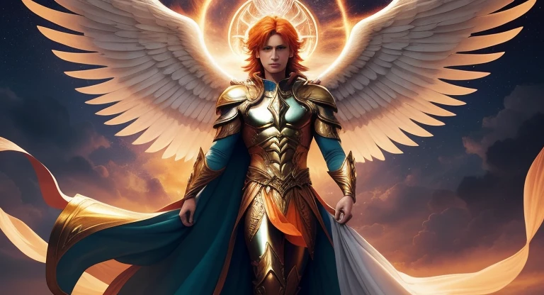 Long shot of a man flying with orange hair and angel wings, fantasy male portrait, Archangel Uriel , Michael Angelo inspirado, guapo impresionante realista, con alas doradas de fuego, glowing angelical being, angelical, angelical face, cuerpo completo, angel volando