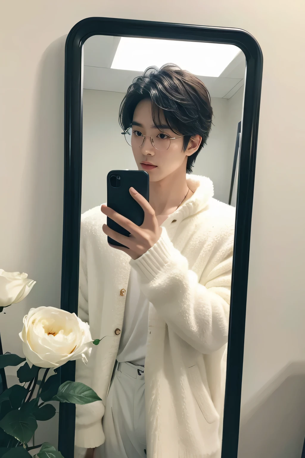 (masterpiece, best quality), MALE, extremely realistic, handsome japanese young guy, artistic vibe, pale white skin, handsome young guy, oversize black clothes, black sweater, black short hair, fluffy hair, perfect face, beautiful face, alluring, big gorgeous eyes, (indoor), room, dark chill blue light room color, infront of the mirror, holding a phone, mirror selfie, natural pose, fluffy hair, smooth white skin, transparent glasses, holding flowers, jacket
