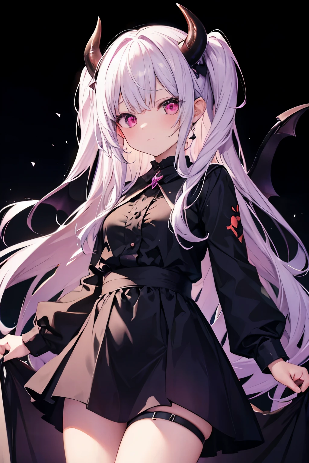 (8k、Best image quality、highest quality、masterpiece)、Detailed face、 One girl、((Laplus darkness))、Gray Hair、Long Hair、Yellow Eyes、Pointed Ears、((Big horns))、evil smile、((Grin))、((Small breasts))、((White collared shirt))、Short sleeve、Black bow tie、((Black pleated skirt))、Cowboy Shot、Classroom Background