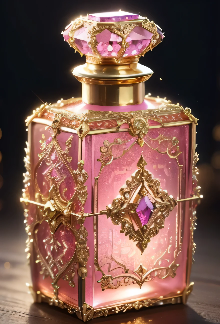 (high resolution, masterpiece, best quality), a pink rectangular potion with intricate gold adornment, sparkle, glow, beautiful, intricate, fantasy atmosphere, magic, ornate jewelled, extremely detailed, realistic, mistic, UHD, 8k