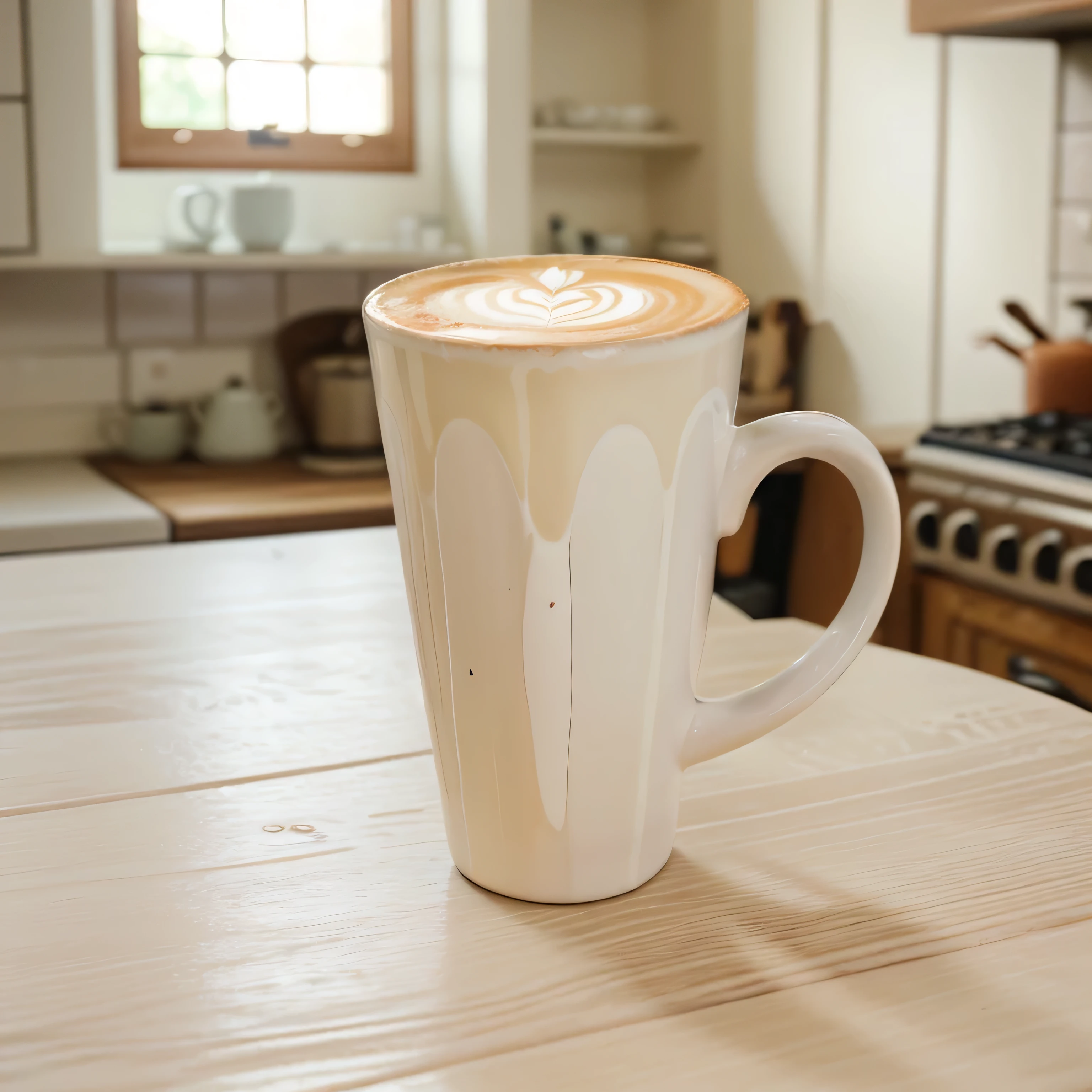 white latte mug standing in rustic kitchen, professional photography, sony a7 photo, shallow depth of field, bright