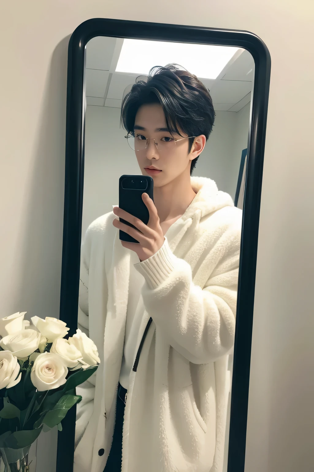 (masterpiece, best quality), MALE, extremely realistic, handsome japanese young guy, artistic vibe, pale white skin, handsome young guy, oversize black clothes, black sweater, black short hair, fluffy hair, perfect face, beautiful face, alluring, big gorgeous eyes, (indoor), room, dark chill blue light room color, infront of the mirror, holding a phone, mirror selfie, natural pose, fluffy hair, smooth white skin, transparent glasses, holding flowers, jacket
